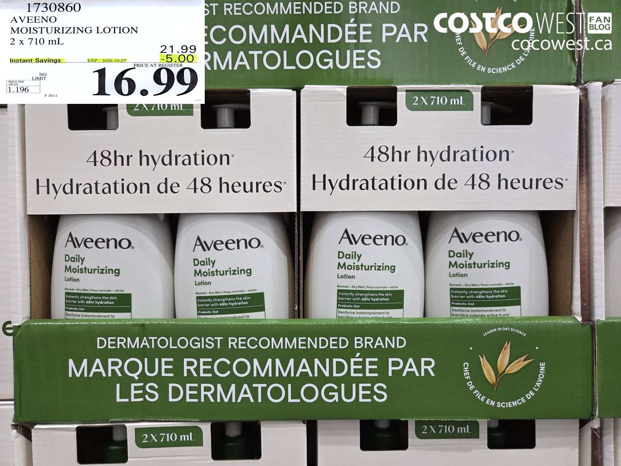 1730860 AVEENO MOISTURIZING LOTION 2 X 710 ML ($5.00 INSTANT SAVINGS EXPIRES ON 2026-10-25) $16.99