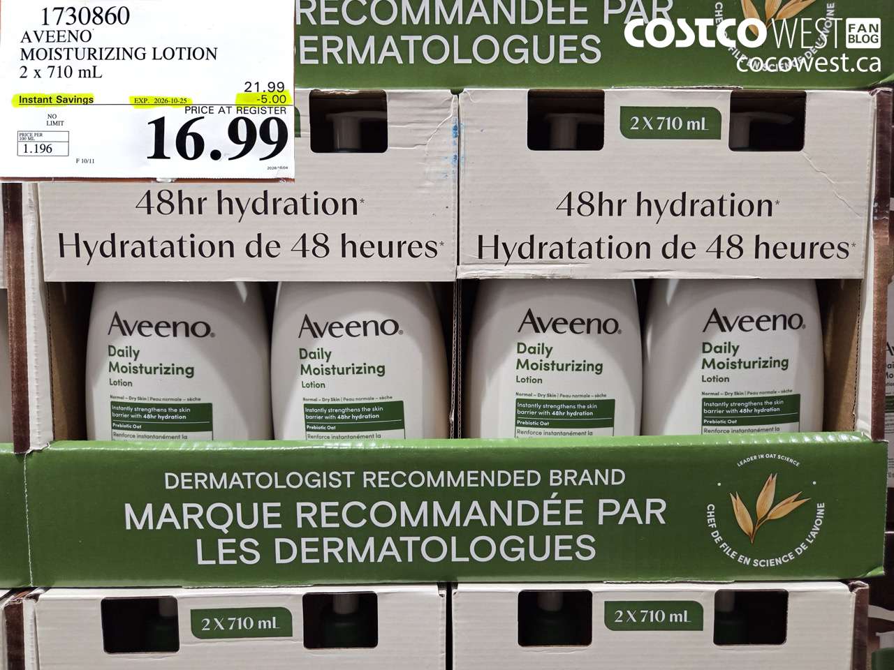 1730860 AVEENO MOISTURIZING LOTION 2 X 710 ML ($5.00 INSTANT SAVINGS EXPIRES ON 2026-10-25) $16.99