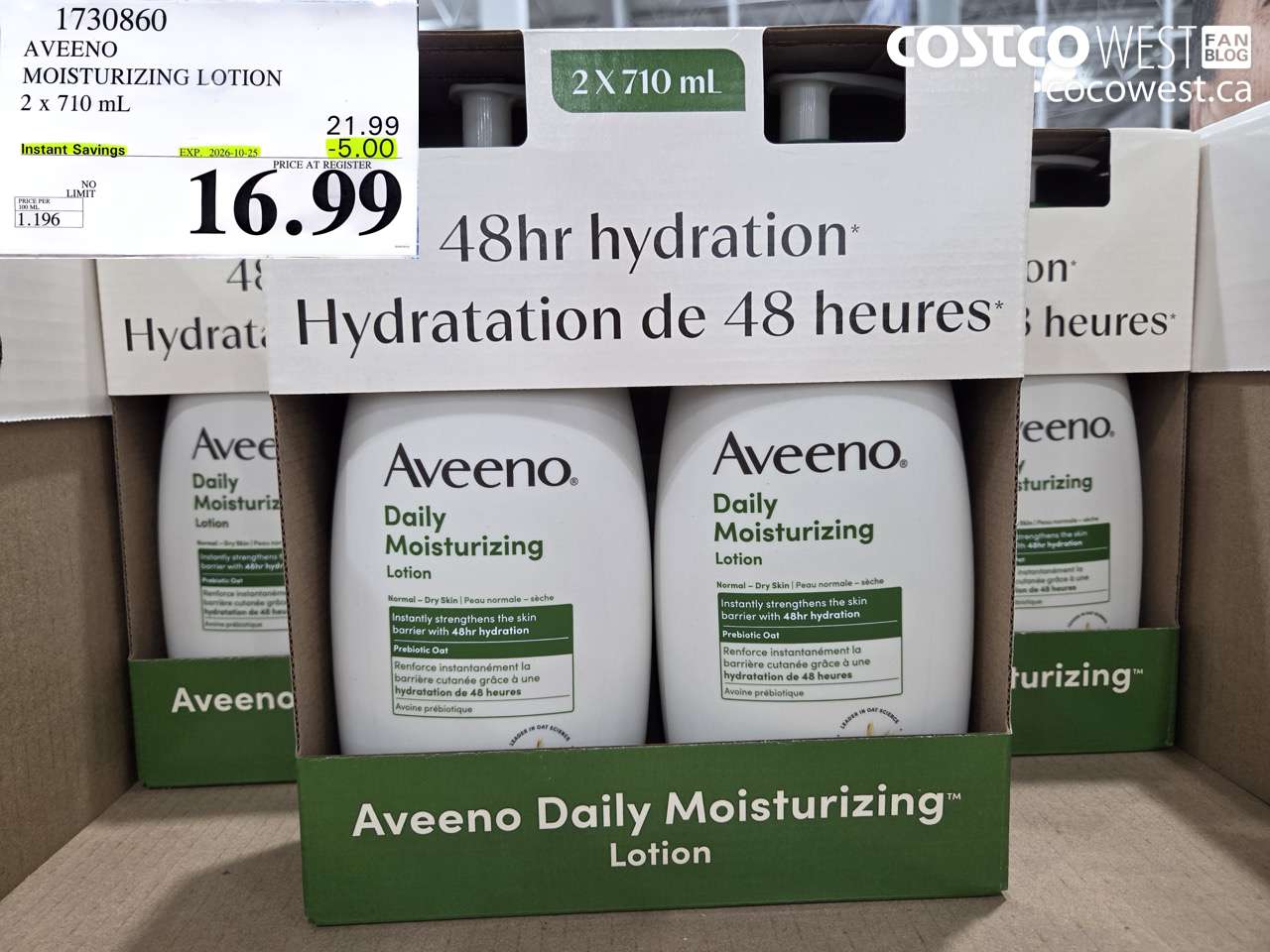 1730860 AVEENO MOISTURIZING LOTION 2 X 710 ML ($5.00 INSTANT SAVINGS EXPIRES ON 2026-10-25) $16.99