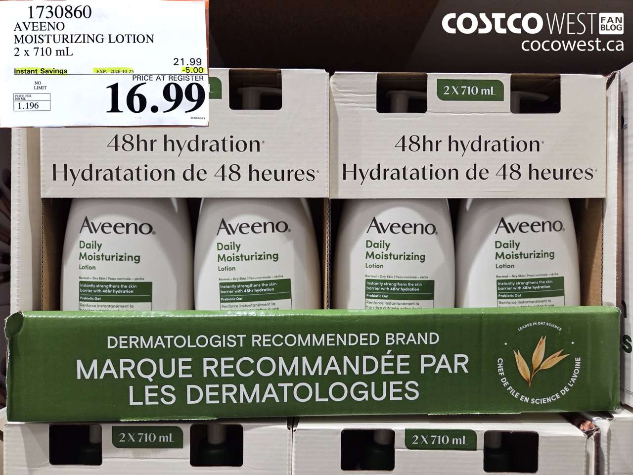 1730860 AVEENO MOISTURIZING LOTION 2 X 710 ML ($5.00 INSTANT SAVINGS EXPIRES ON 2026-10-25) $16.99