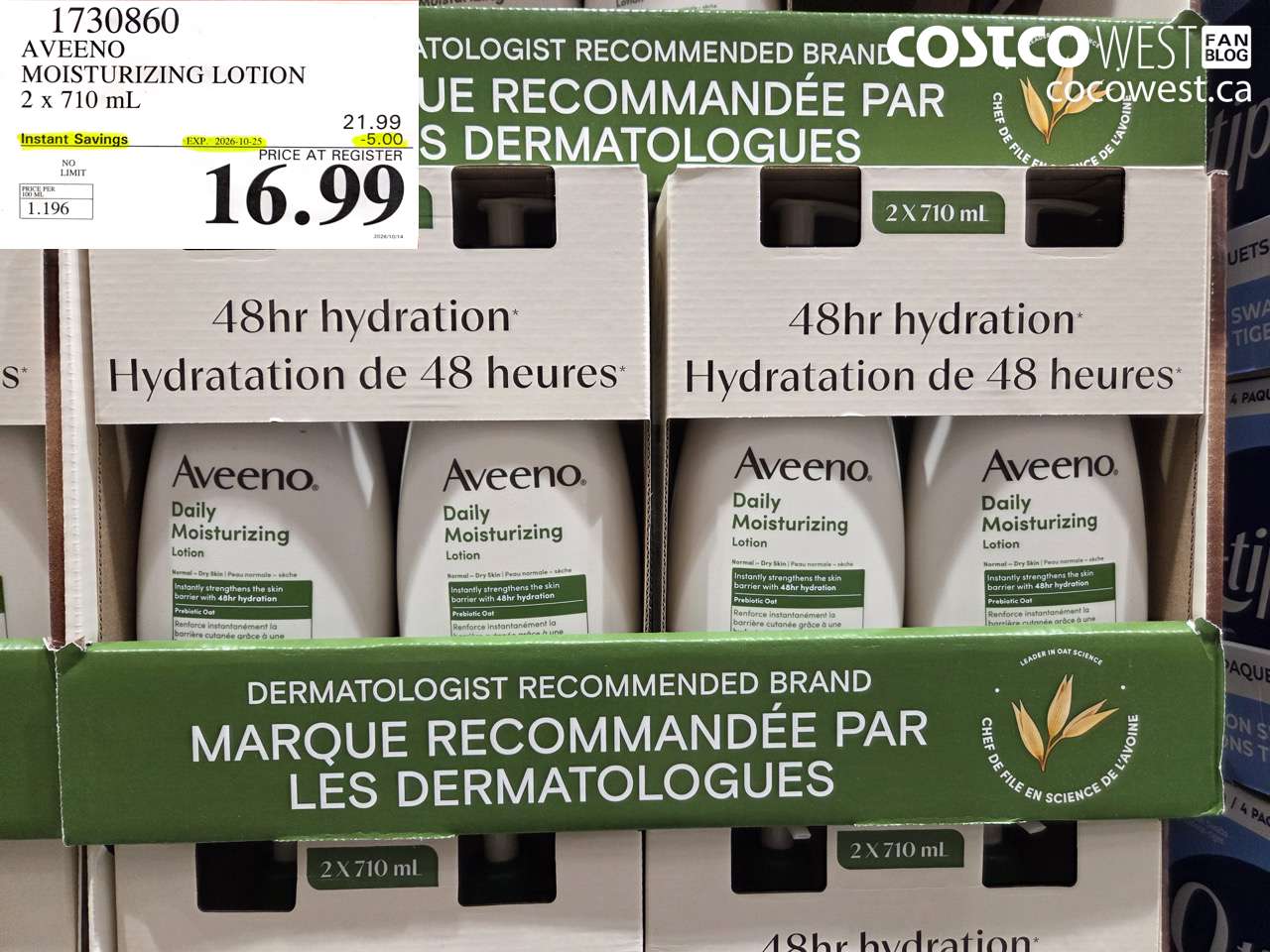 1730860 AVEENO MOISTURIZING LOTION 2 X 710 ML ($5.00 INSTANT SAVINGS EXPIRES ON 2026-10-25) $16.99