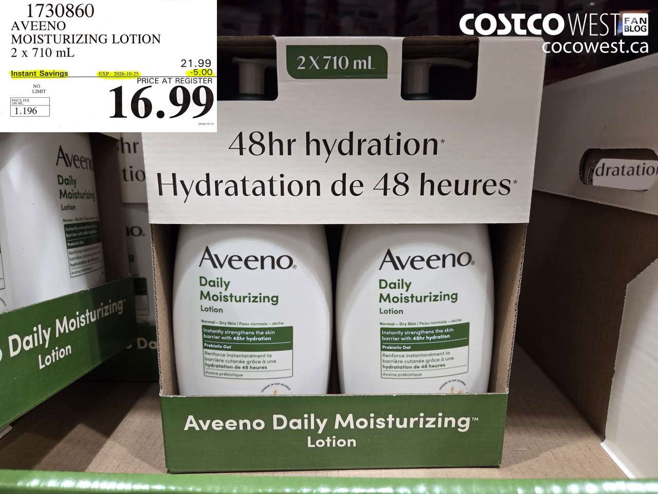 1730860 AVEENO MOISTURIZING LOTION 2 X 710 ML ($5.00 INSTANT SAVINGS EXPIRES ON 2026-10-25) $16.99