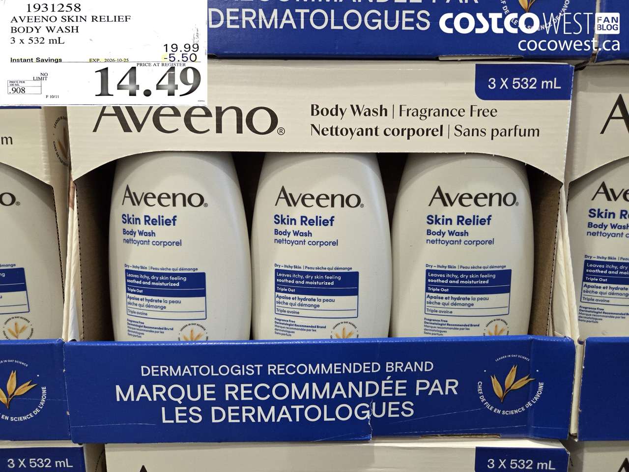 1931258 AVEENO SKIN RELIEF BODY WASH 3 X 532 ML ($5.50 INSTANT SAVINGS EXPIRES ON 2026-10-25) $14.49