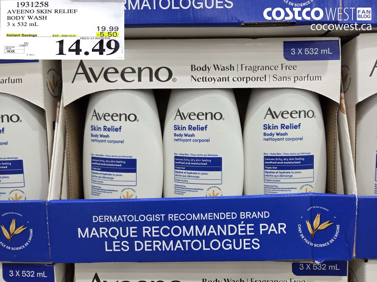 1931258 AVEENO SKIN RELIEF BODY WASH 3 X 532 ML ($5.50 INSTANT SAVINGS EXPIRES ON 2026-10-25) $14.49
