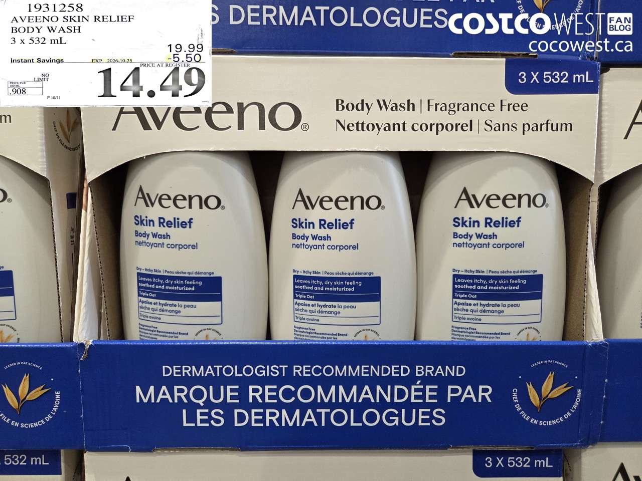 1931258 AVEENO SKIN RELIEF BODY WASH 3 X 532 ML ($5.50 INSTANT SAVINGS EXPIRES ON 2026-10-25) $14.49