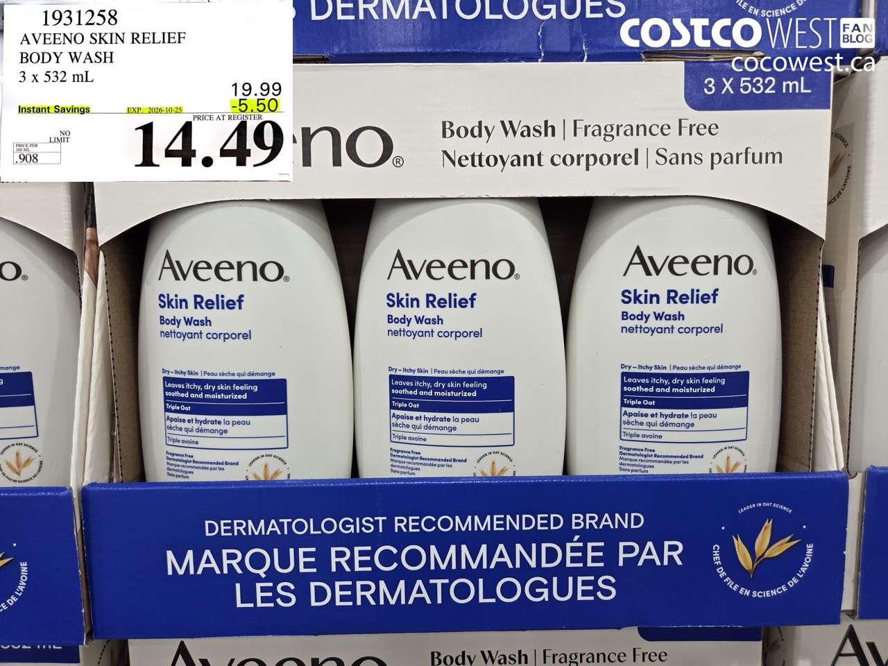 1931258 AVEENO SKIN RELIEF BODY WASH 3 X 532 ML ($5.50 INSTANT SAVINGS EXPIRES ON 2026-10-25) $14.49