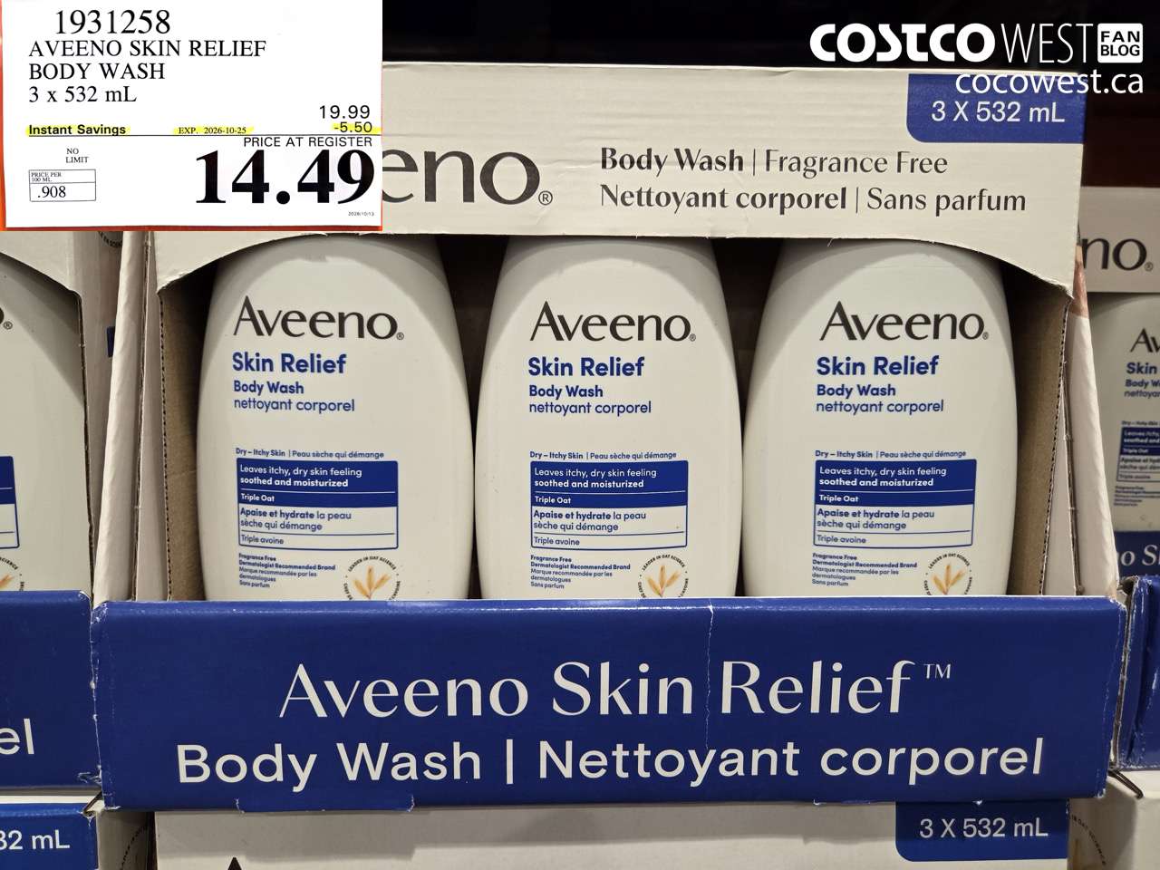 1931258 AVEENO SKIN RELIEF BODY WASH 3 X 532 ML ($5.50 INSTANT SAVINGS EXPIRES ON 2026-10-25) $14.49