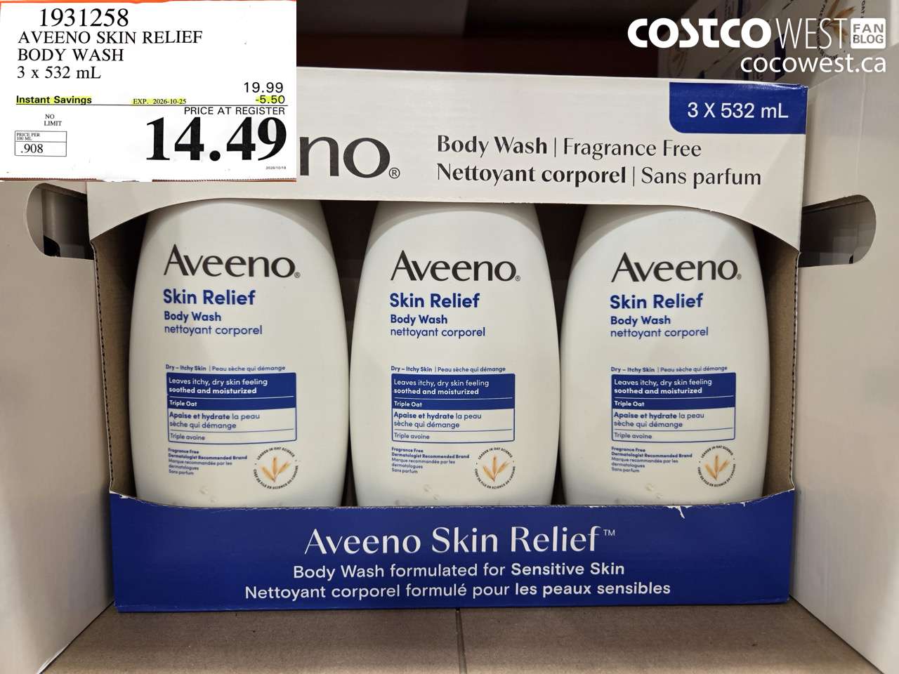 1931258 AVEENO SKIN RELIEF BODY WASH 3 X 532 ML ($5.50 INSTANT SAVINGS EXPIRES ON 2026-10-25) $14.49