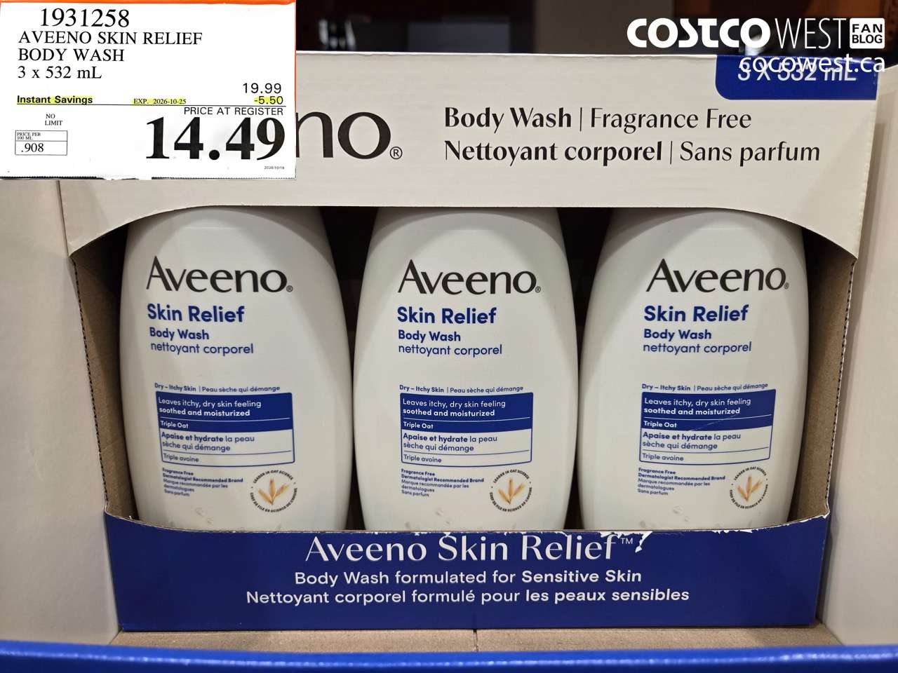 1931258 AVEENO SKIN RELIEF BODY WASH 3 X 532 ML ($5.50 INSTANT SAVINGS EXPIRES ON 2026-10-25) $14.49
