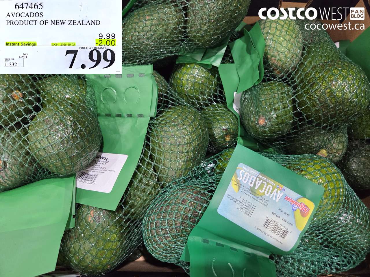 647465 AVOCADOS PRODUCT OF NEW ZEALAND ($2.00 INSTANT SAVINGS EXPIRES ON 2026-10-05) $7.99