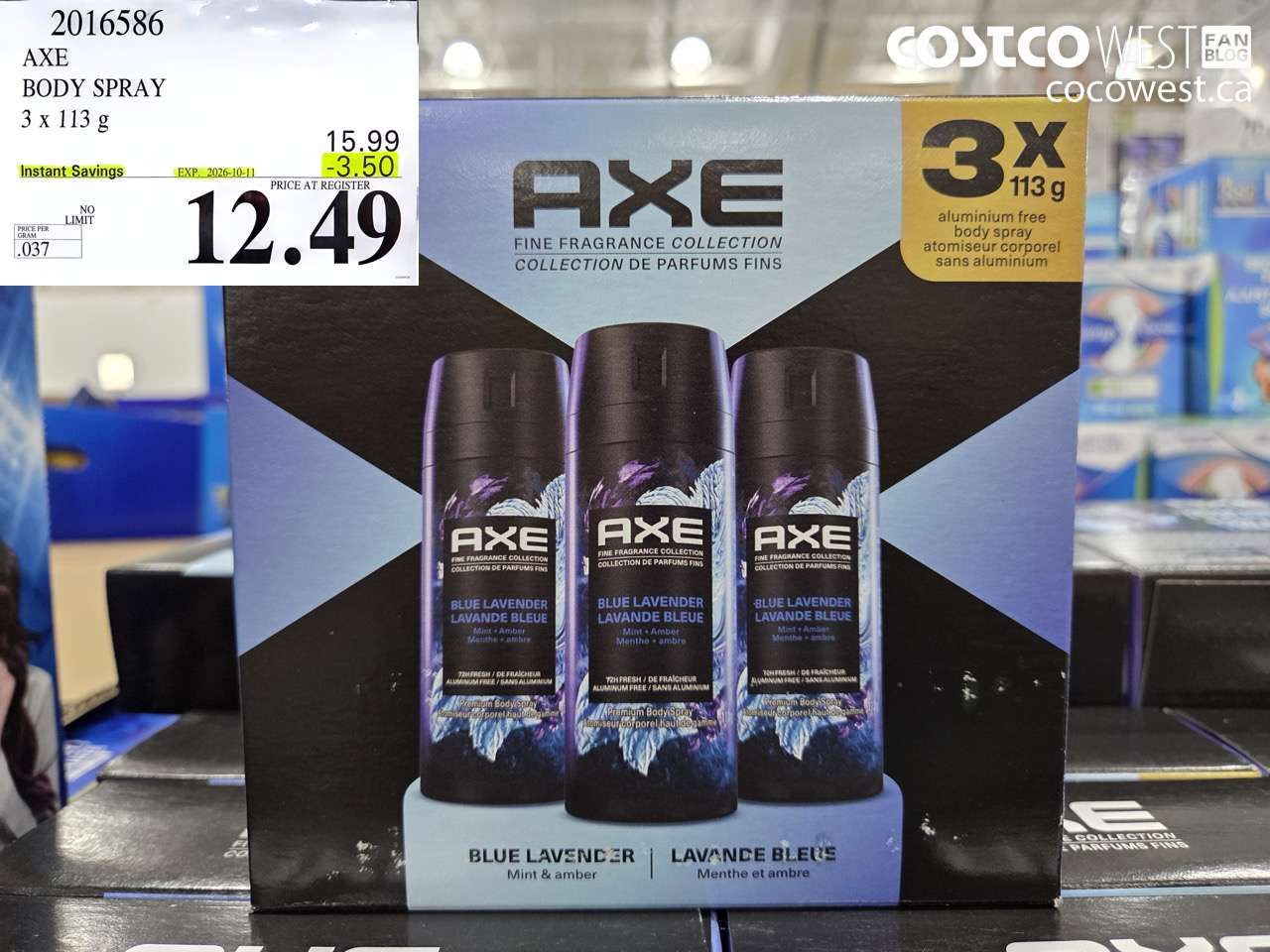 2016586 AXE BODY SPRAY 3 X 113 G ($3.50 INSTANT SAVINGS EXPIRES ON 2026-10-11) $12.49