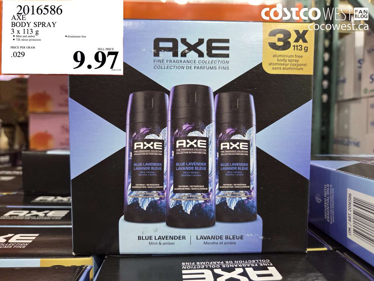 2016586 AXE BODY SPRAY 3 X 113 G $9.97