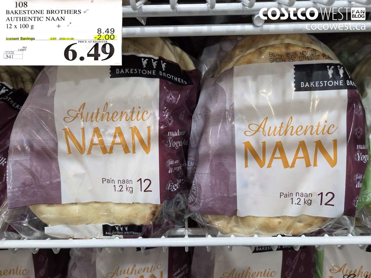 108 BAKESTONE BROTHERS AUTHENTIC NAAN 12 X 100 G ($2.00 INSTANT SAVINGS EXPIRES ON 2026-11-08) $6.49