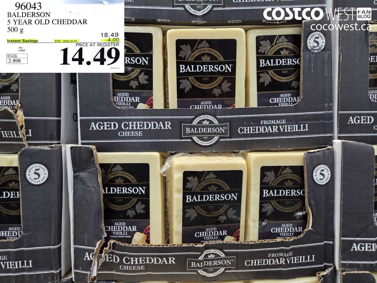 96043 BALDERSON 5 YEAR OLD CHEDDAR 500 G ($4.00 INSTANT SAVINGS EXPIRES ON 2026-10-18) $14.49