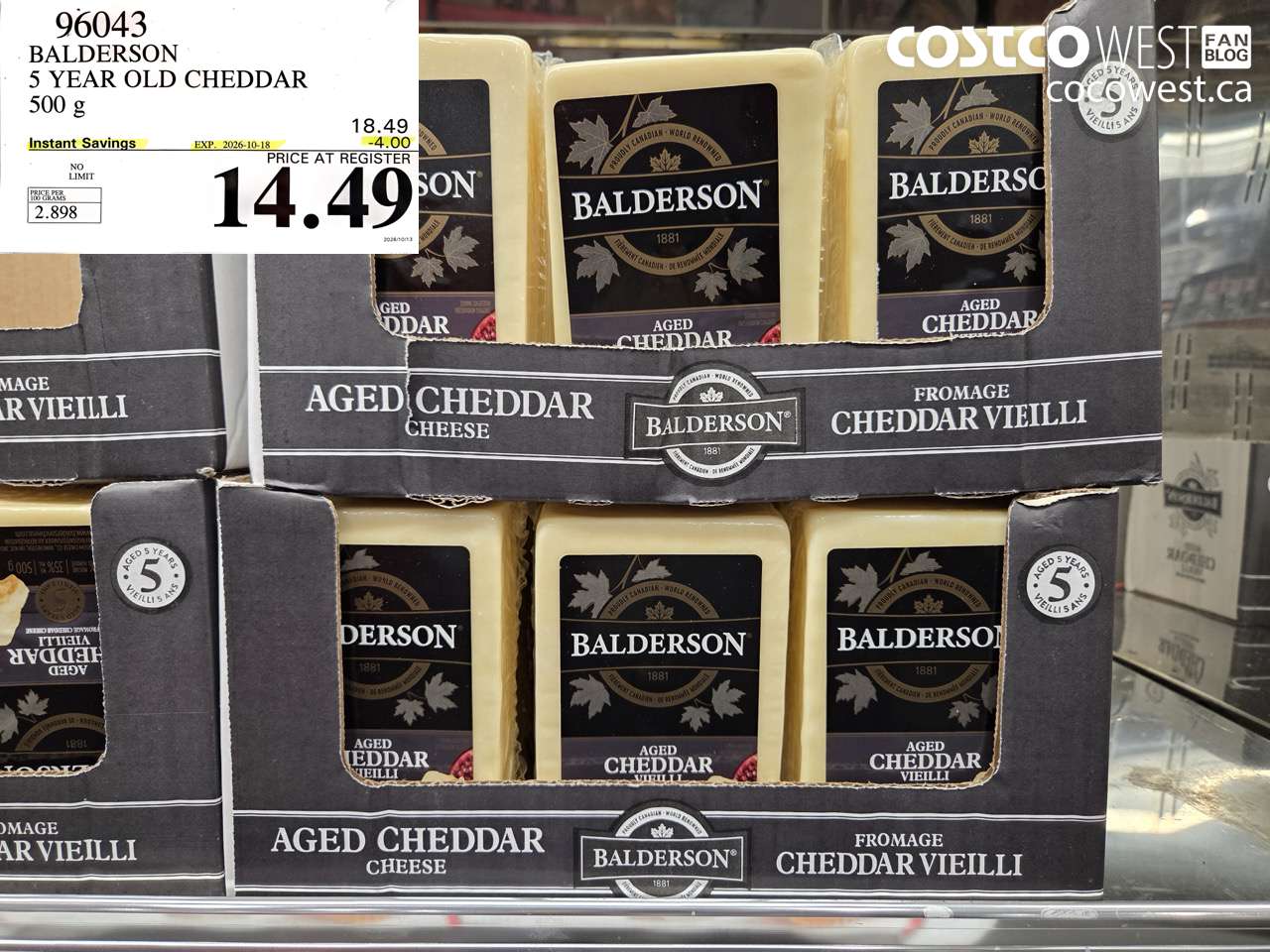96043 BALDERSON 5 YEAR OLD CHEDDAR 500 G ($4.00 INSTANT SAVINGS EXPIRES ON 2026-10-18) $14.49