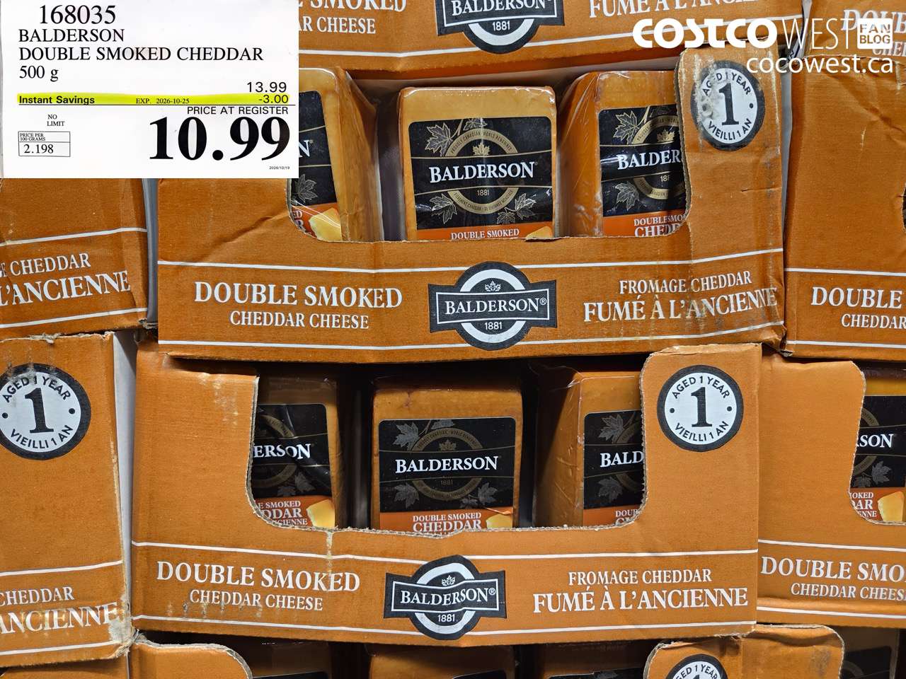168035 BALDERSON DOUBLE SMOKED CHEDDAR 500 G ($3.00 INSTANT SAVINGS EXPIRES ON 2026-10-25) $10.99