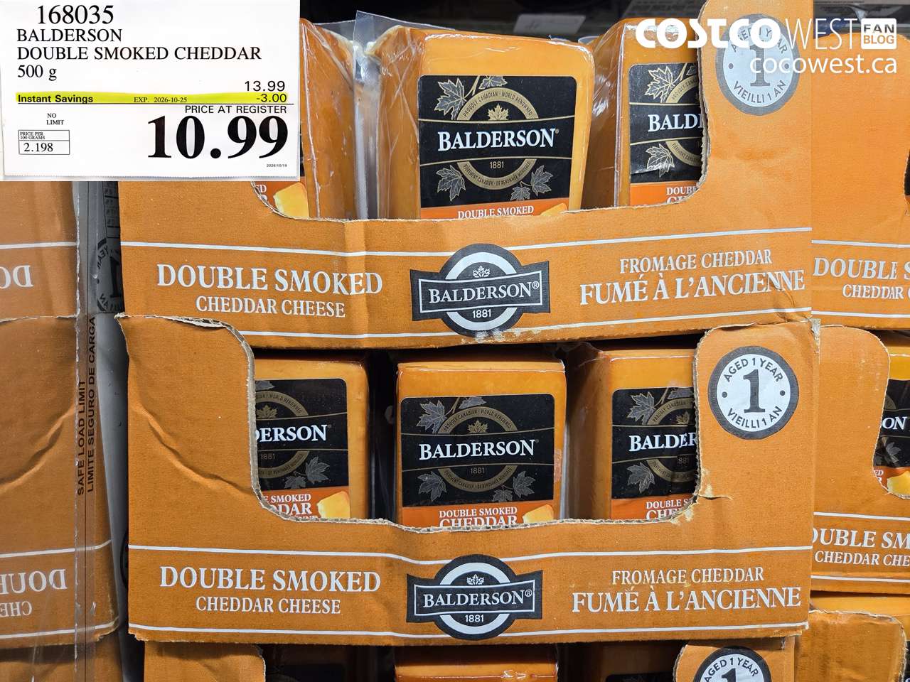 168035 BALDERSON DOUBLE SMOKED CHEDDAR 500 G ($3.00 INSTANT SAVINGS EXPIRES ON 2026-10-25) $10.99