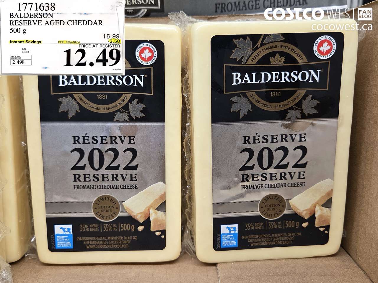 1771638 BALDERSON RESERVE AGED CHEDDAR 500 G ($3.50 INSTANT SAVINGS EXPIRES ON 2026-10-04) $12.49