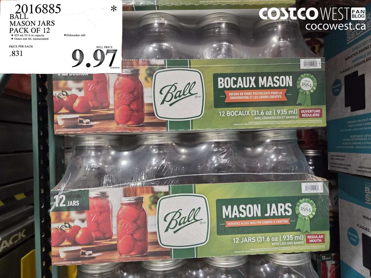 2016885 BALL MASON JARS PACK OF 12 $9.97