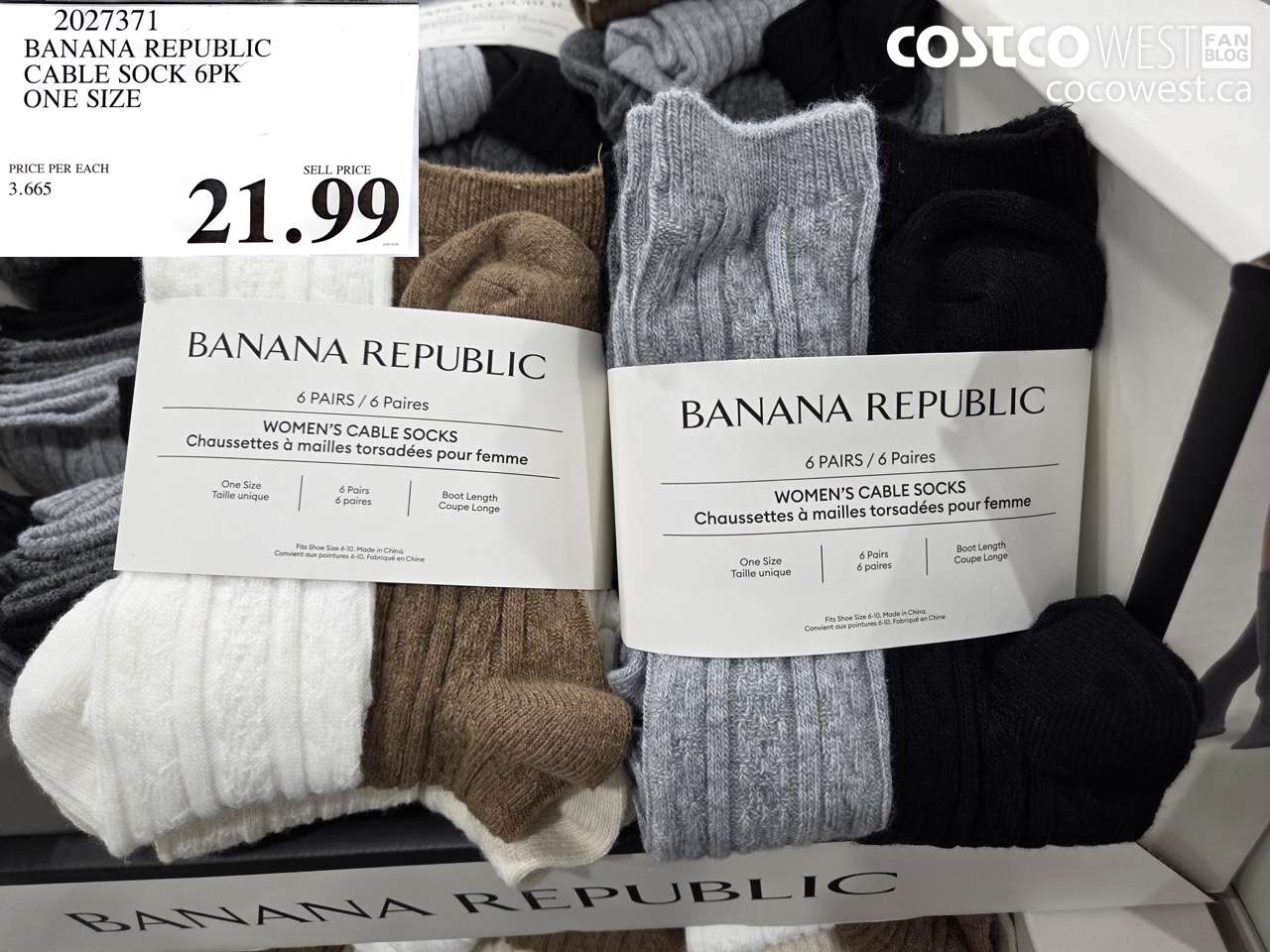 2027371 BANANA REPUBLIC CABLE SOCK 6PK ONE SIZE $21.99