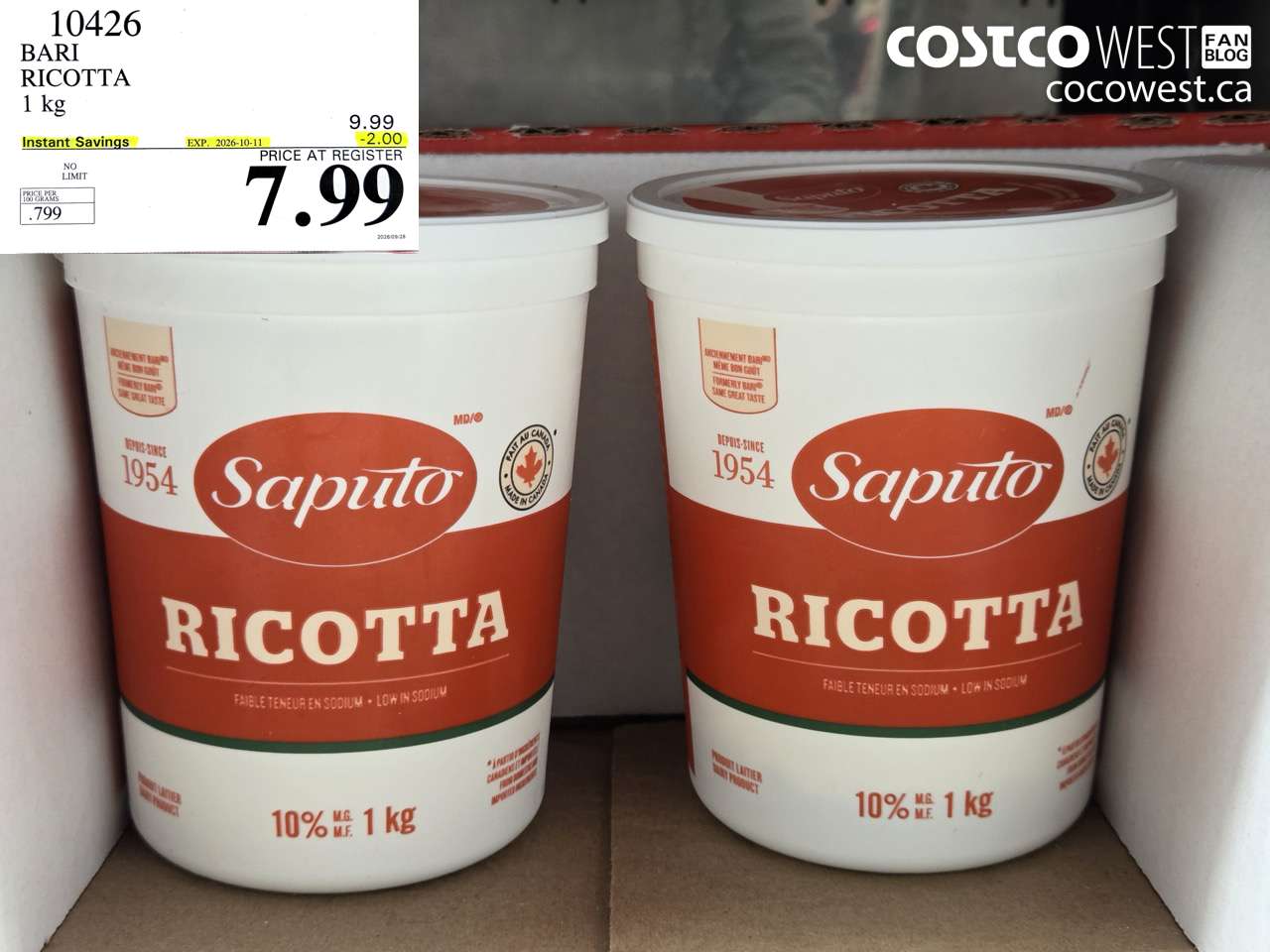 10426 BARI RICOTTA 1 KG ($2.00 INSTANT SAVINGS EXPIRES ON 2026-10-11) $7.99