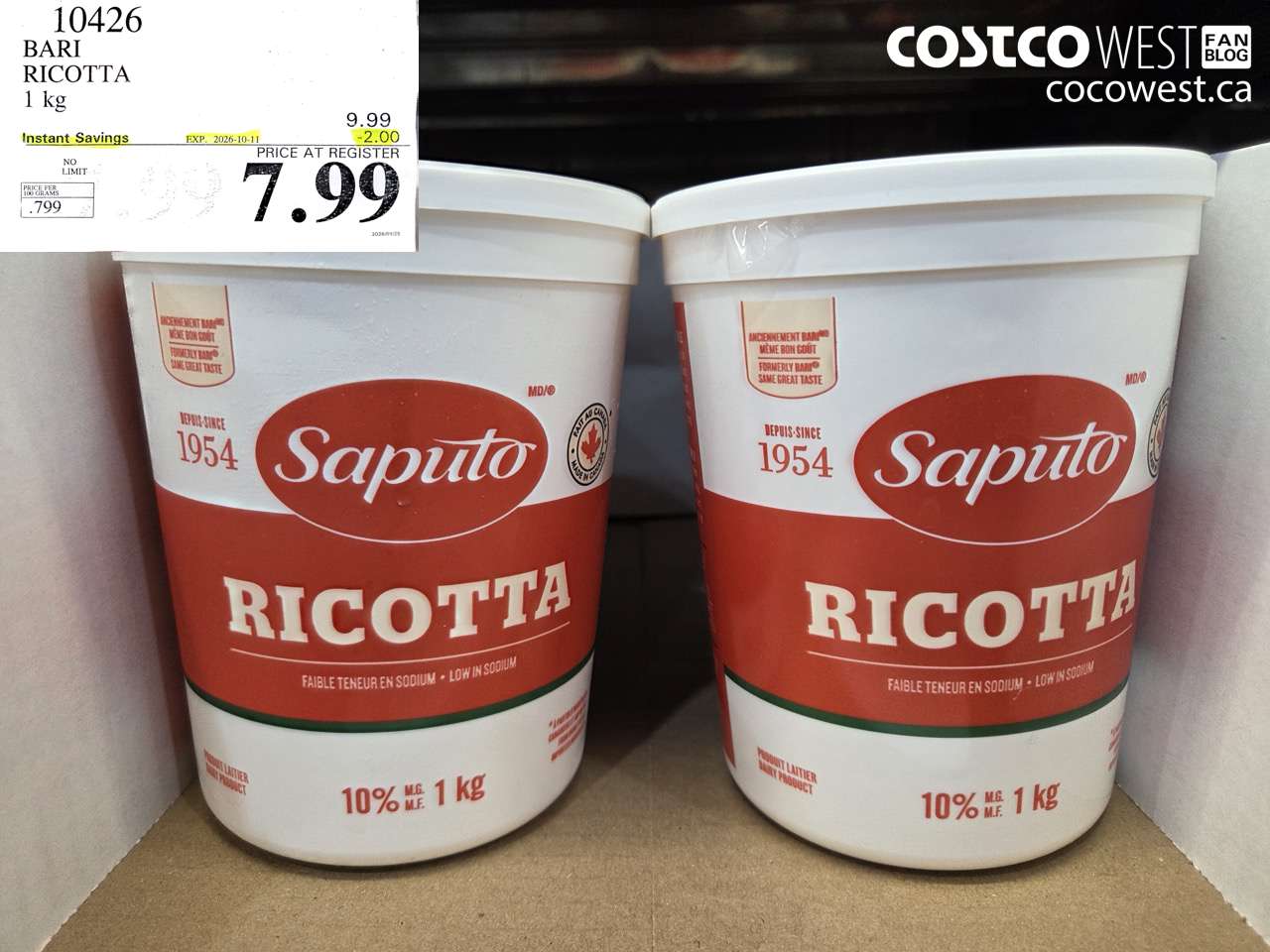 10426 BARI RICOTTA 1 KG ($2.00 INSTANT SAVINGS EXPIRES ON 2026-10-11) $7.99