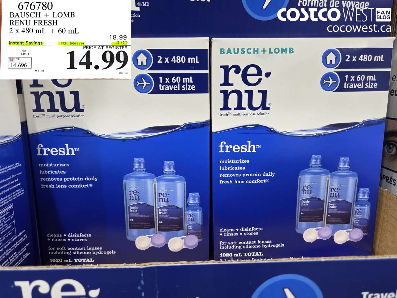 676780 BAUSCH + LOMB RENU FRESH 2 X 480 ML + 60 ML ($4.00 INSTANT SAVINGS EXPIRES ON 2026-11-08) $14.99