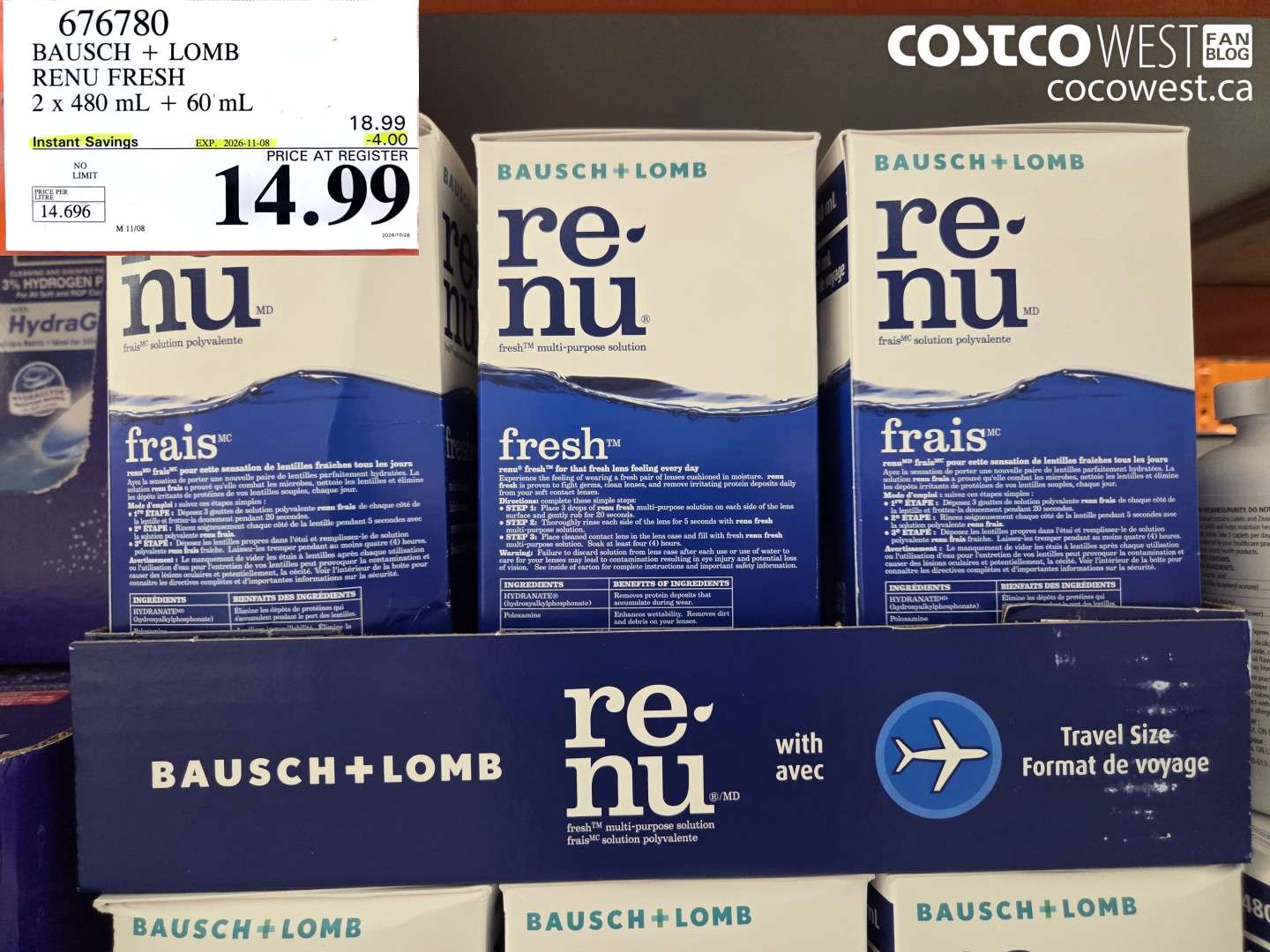 676780 BAUSCH + LOMB RENU FRESH 2 X 480 ML + 60 ML ($4.00 INSTANT SAVINGS EXPIRES ON 2026-11-08) $14.99
