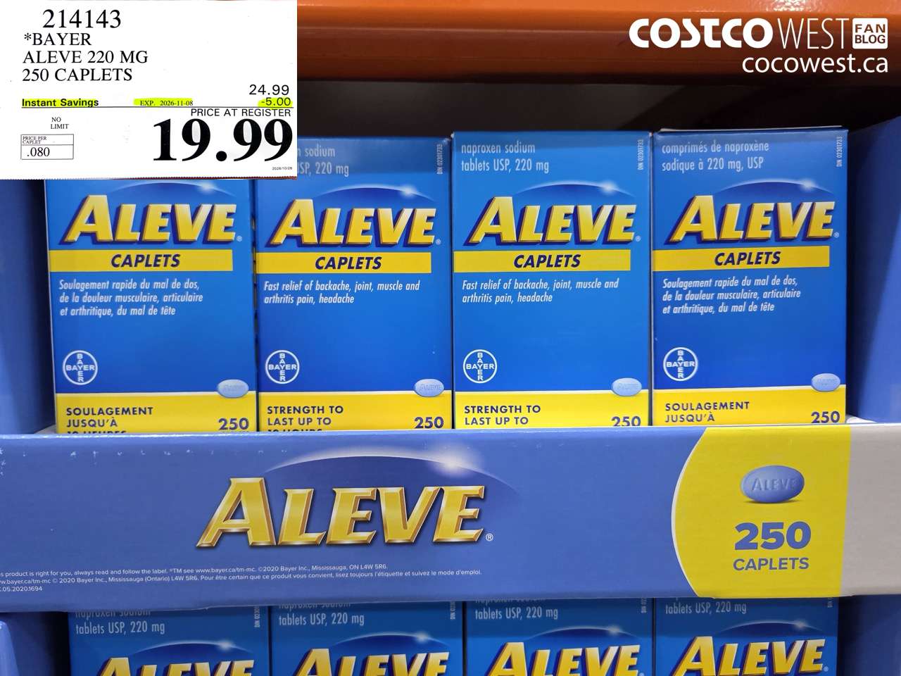 214143 BAYER ALEVE 220 MG 250 CAPLETS ($5.00 INSTANT SAVINGS EXPIRES ON 2026-11-08) $19.99