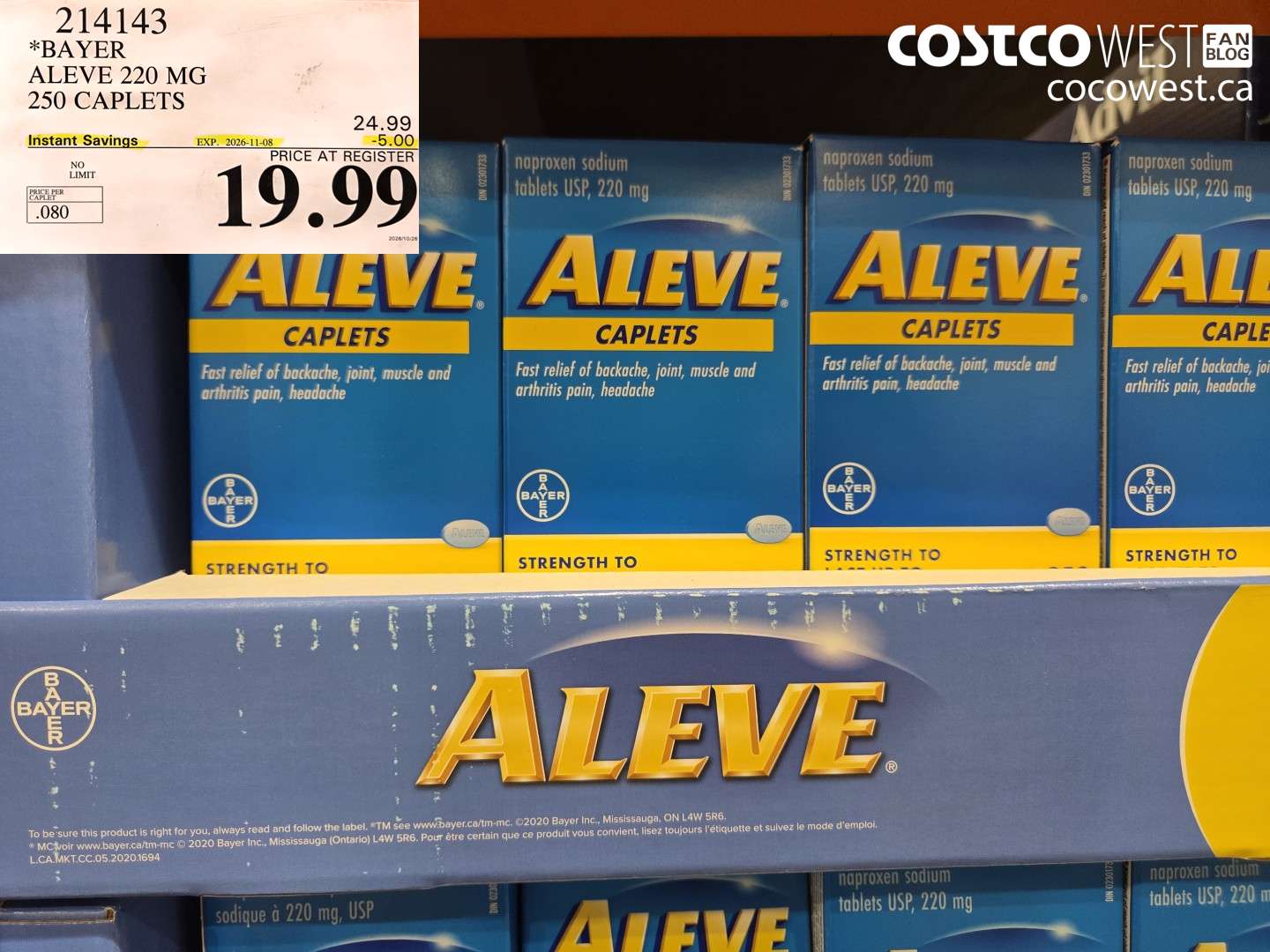 214143 BAYER ALEVE 220 MG 250 CAPLETS ($5.00 INSTANT SAVINGS EXPIRES ON 2026-11-08) $19.99