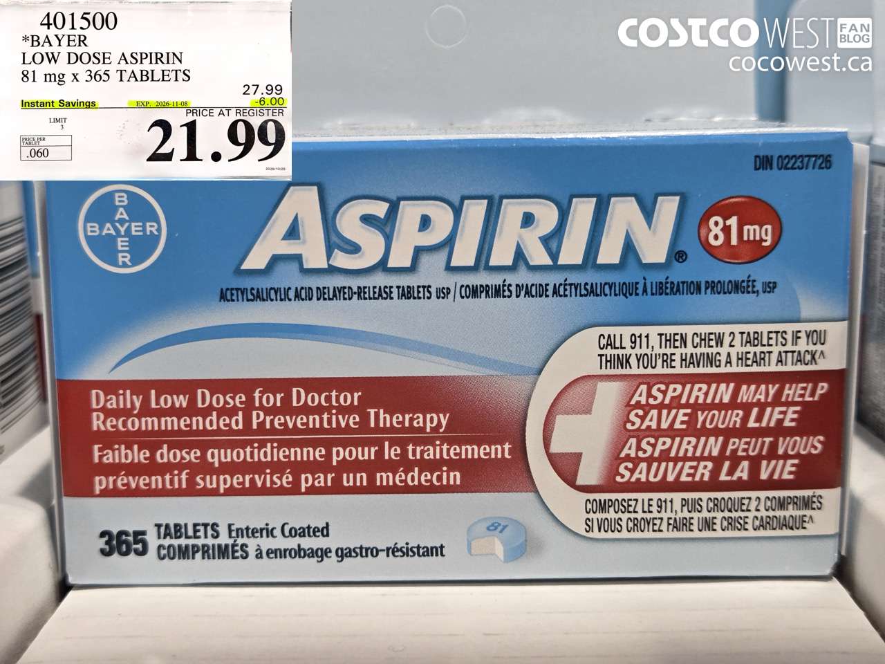 401500 BAYER LOW DOSE ASPIRIN 81 MG X 365 TABLETS ($6.00 INSTANT SAVINGS EXPIRES ON 2026-11-08) $21.99