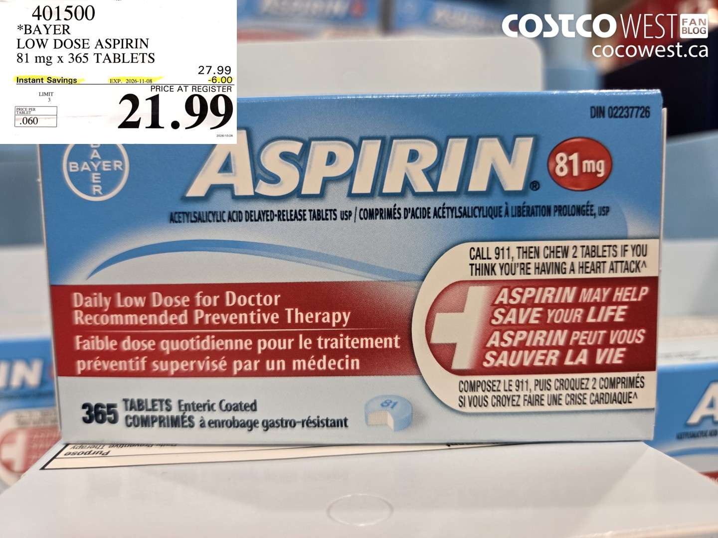 401500 BAYER LOW DOSE ASPIRIN 81 MG X 365 TABLETS ($6.00 INSTANT SAVINGS EXPIRES ON 2026-11-08) $21.99