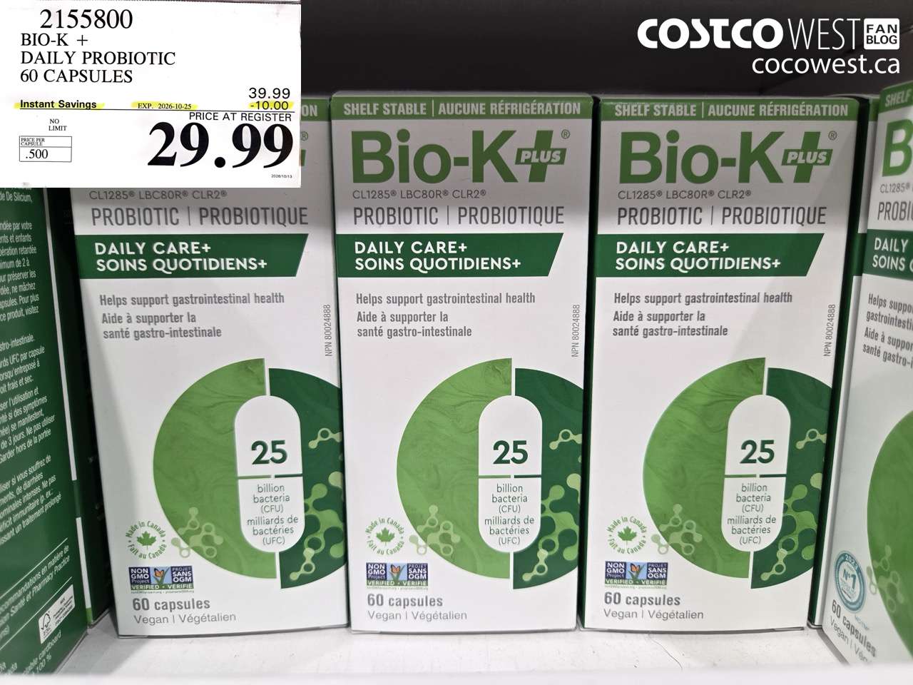 2155800 BIO-K + DAILY PROBIOTIC 60 CAPSULES ($10.00 INSTANT SAVINGS EXPIRES ON 2026-10-25) $29.99