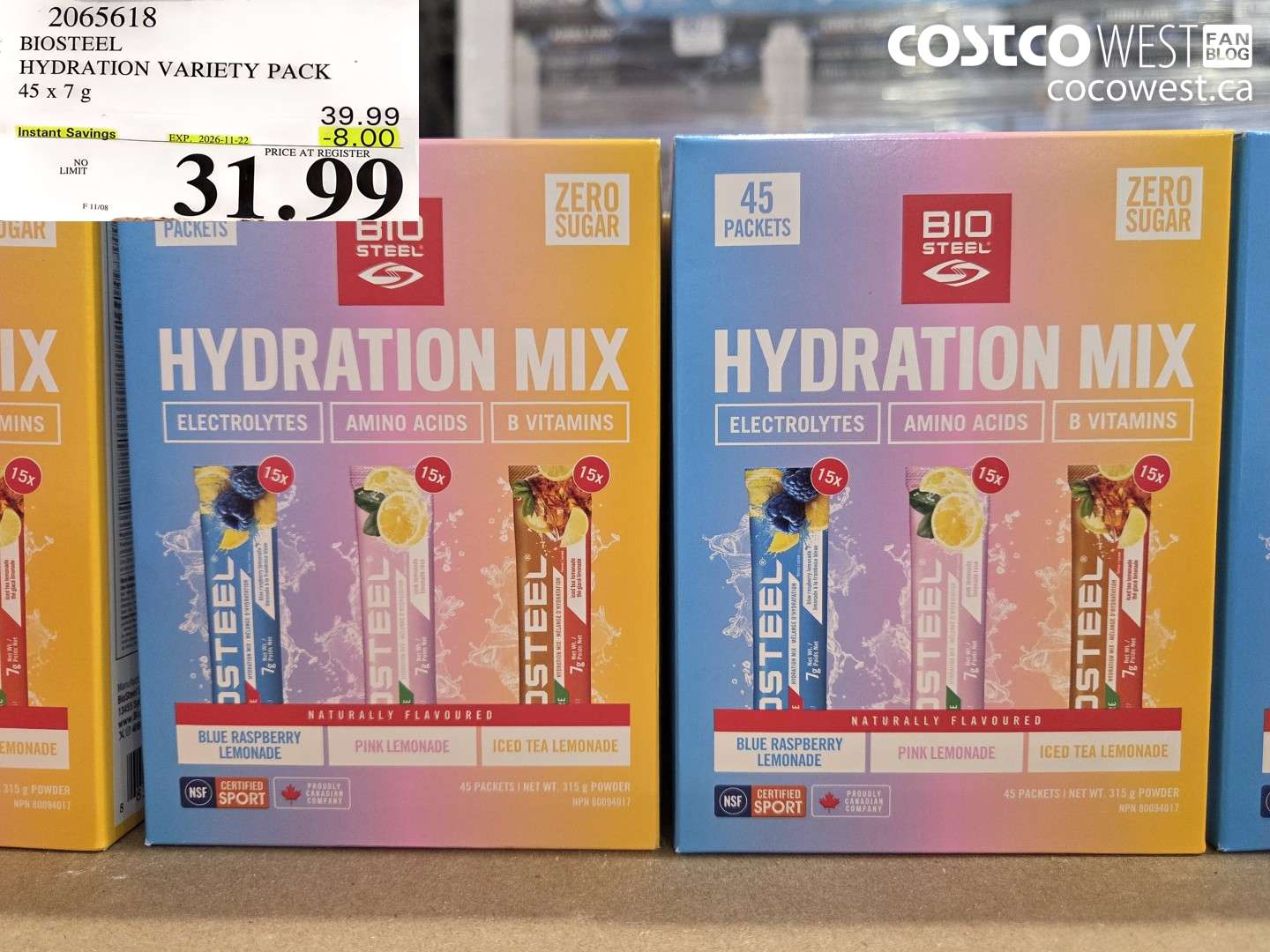 2065618 BIOSTEEL HYDRATION VARIETY PACK 45 X 7 G ($8.00 INSTANT SAVINGS EXPIRES ON 2026-11-22) $31.99