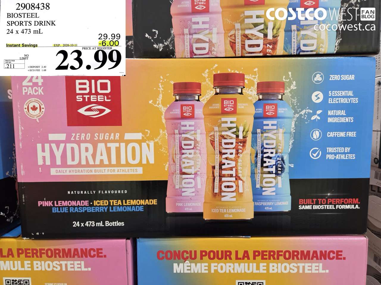 2908438 BIOSTEEL SPORTS DRINK 24 X 473 ML ($6.00 INSTANT SAVINGS EXPIRES ON 2026-10-11) $23.99