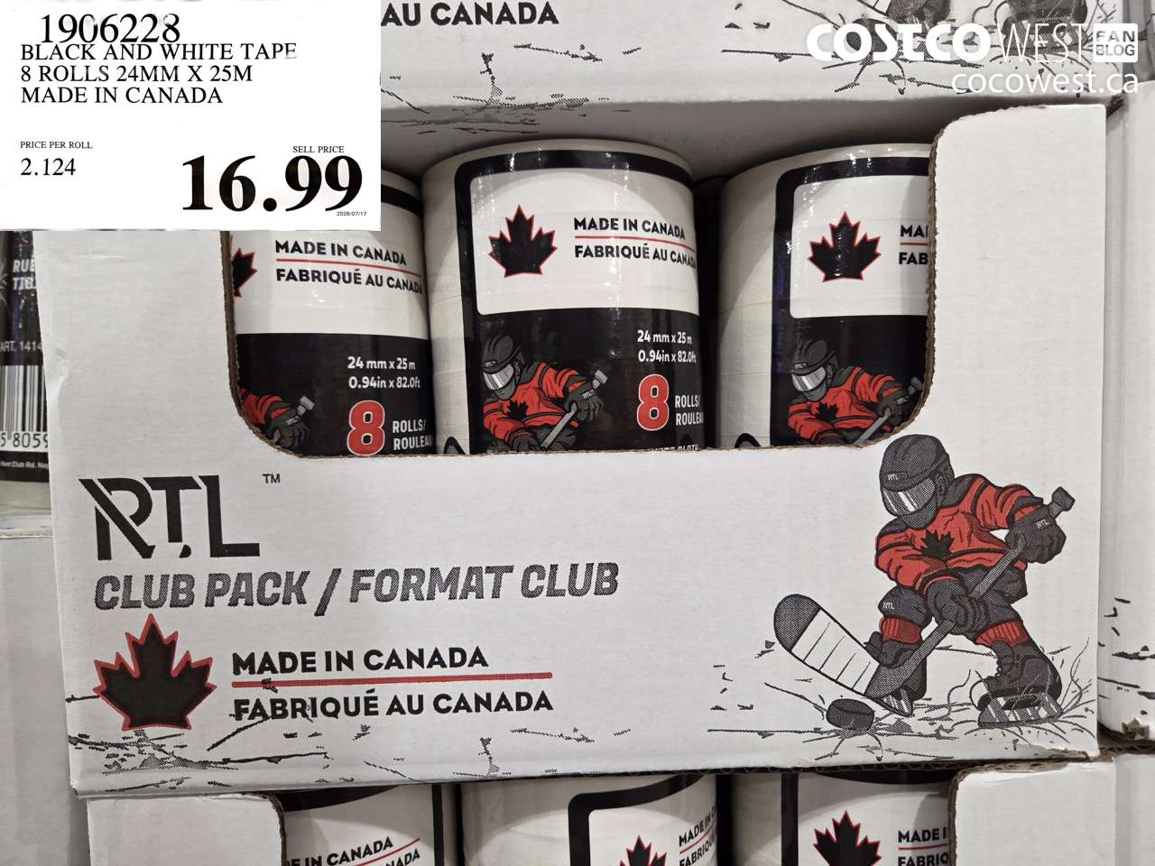 1906228 BLACK AND WHITE TAPE 8 ROLLS 24MM X 25M MADE IN CANADA $16.99