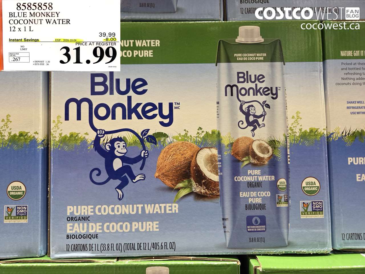 8585858 BLUE MONKEY COCONUT WATER 12 X 1 L ($8.00 INSTANT SAVINGS EXPIRES ON 2026-10-04) $31.99