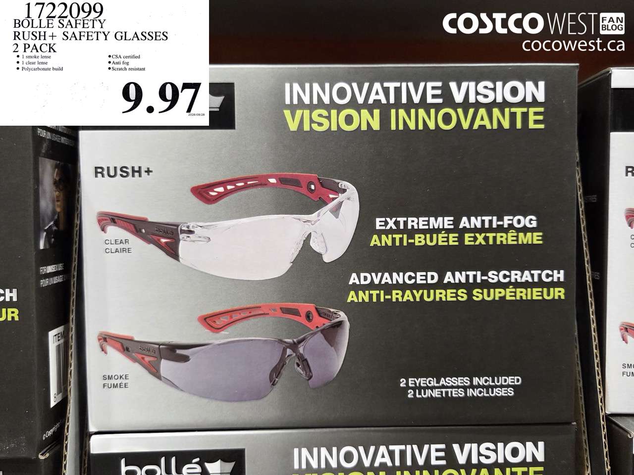 1722099 BOLLE SAFETY RUSH+ SAFETY GLASSES 2 PACK $9.97