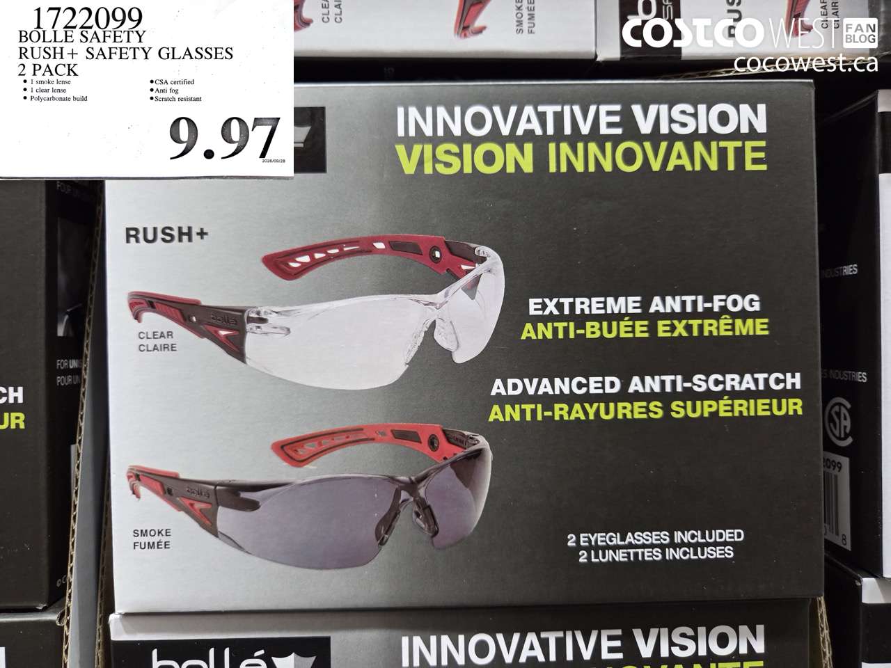 1722099 BOLLE SAFETY RUSH + SAFETY GLASSES 2 PACK $9.97