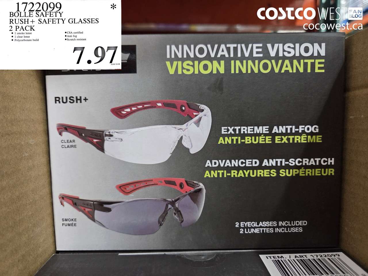1722099 BOLLE SAFETY RUSH + SAFETY GLASSES 2 PACK $7.97