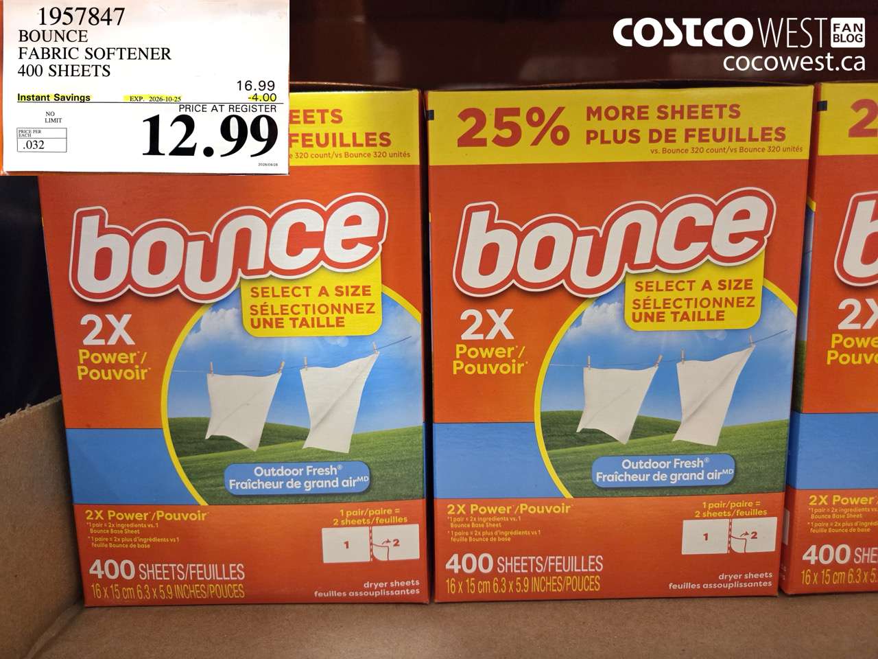 1957847 BOUNCE FABRIC SOFTENER 400 SHEETS ($4.00 INSTANT SAVINGS EXPIRES ON 2026-10-25) $12.99