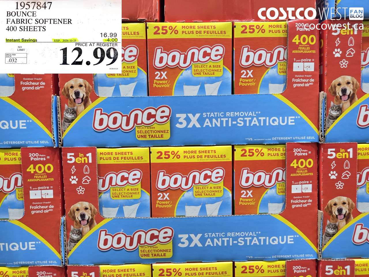 1957847 BOUNCE FABRIC SOFTENER 400 SHEETS ($4.00 INSTANT SAVINGS EXPIRES ON 2026-10-25) $12.99