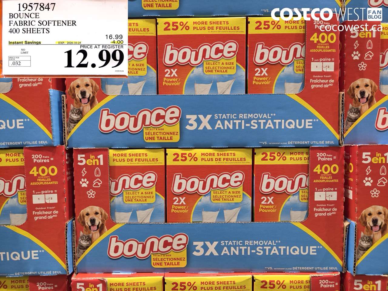 1957847 BOUNCE FABRIC SOFTENER 400 SHEETS ($4.00 INSTANT SAVINGS EXPIRES ON 2026-10-25) $12.99