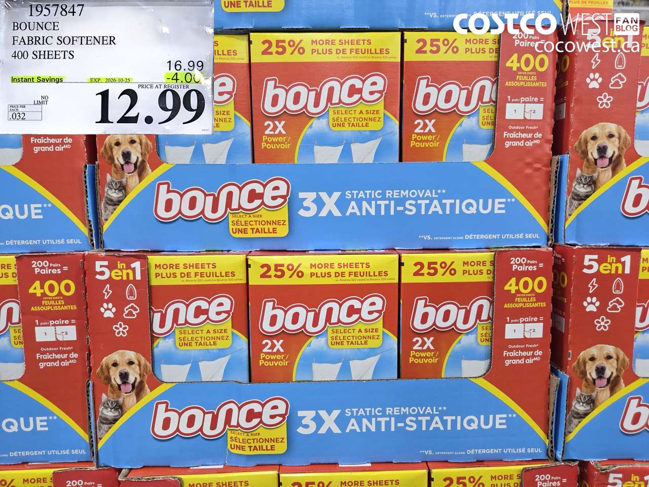 1957847 BOUNCE FABRIC SOFTENER 400 SHEETS ($4.00 INSTANT SAVINGS EXPIRES ON 2026-10-25) $12.99