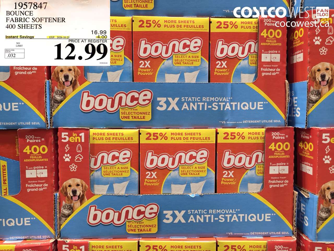 1957847 BOUNCE FABRIC SOFTENER 400 SHEETS ($4.00 INSTANT SAVINGS EXPIRES ON 2026-10-25) $12.99