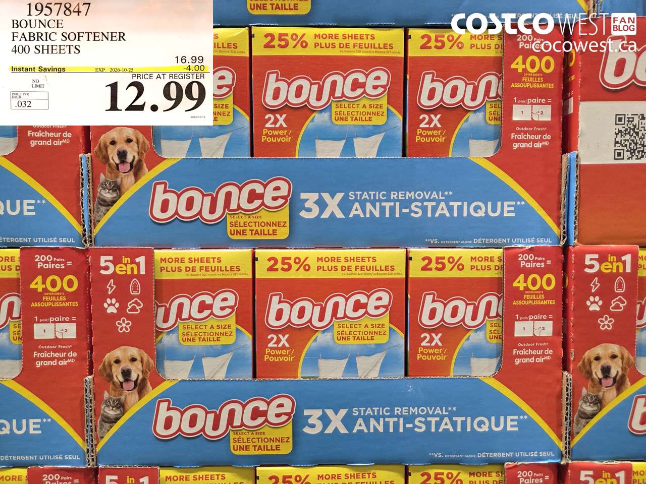 1957847 BOUNCE FABRIC SOFTENER 400 SHEETS ($4.00 INSTANT SAVINGS EXPIRES ON 2026-10-25) $12.99