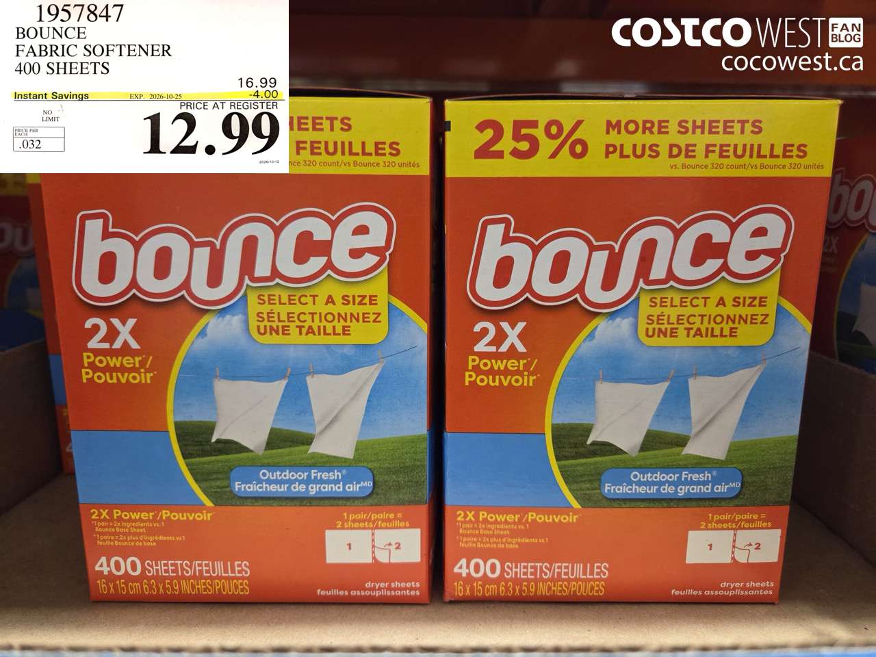 1957847 BOUNCE FABRIC SOFTENER 400 SHEETS ($4.00 INSTANT SAVINGS EXPIRES ON 2026-10-25) $12.99