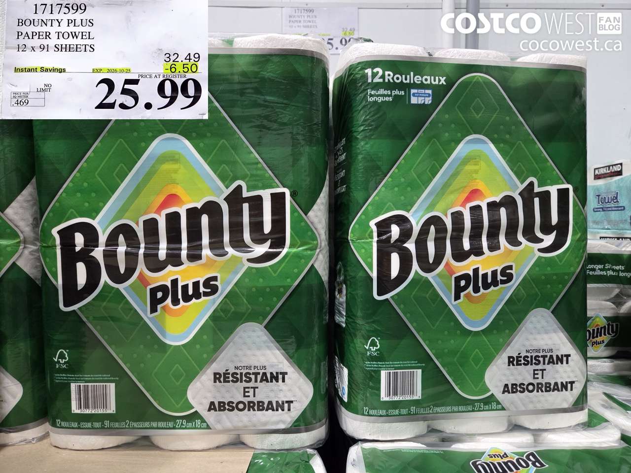 1717599 BOUNTY PLUS PAPER TOWEL 12 X 91 SHEETS ($6.50 INSTANT SAVINGS EXPIRES ON 2026-10-25) $25.99