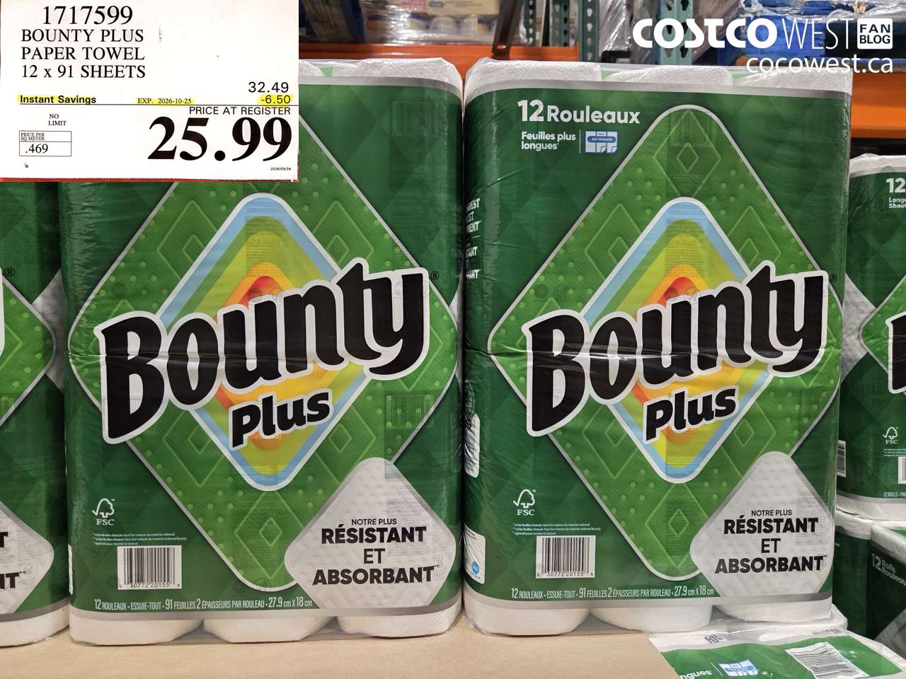 1717599 BOUNTY PLUS PAPER TOWEL 12 X 91 SHEETS ($6.50 INSTANT SAVINGS EXPIRES ON 2026-10-25) $25.99