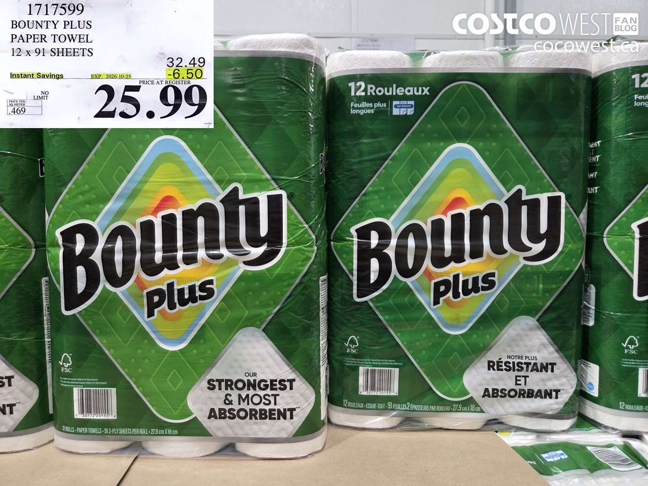 1717599 BOUNTY PLUS PAPER TOWEL 12 X 91 SHEETS ($6.50 INSTANT SAVINGS EXPIRES ON 2026-10-25) $25.99